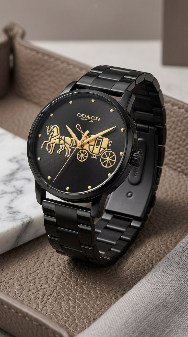 Reloj Coach Grand 14502925 — Black Gold Carriage 36mm | Mujer