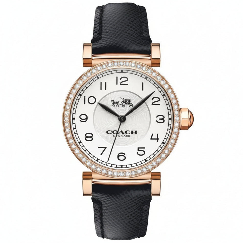 Reloj Coach Madison Mujer 32mm Rose Gold Cuero Negro Diamantes 14503396