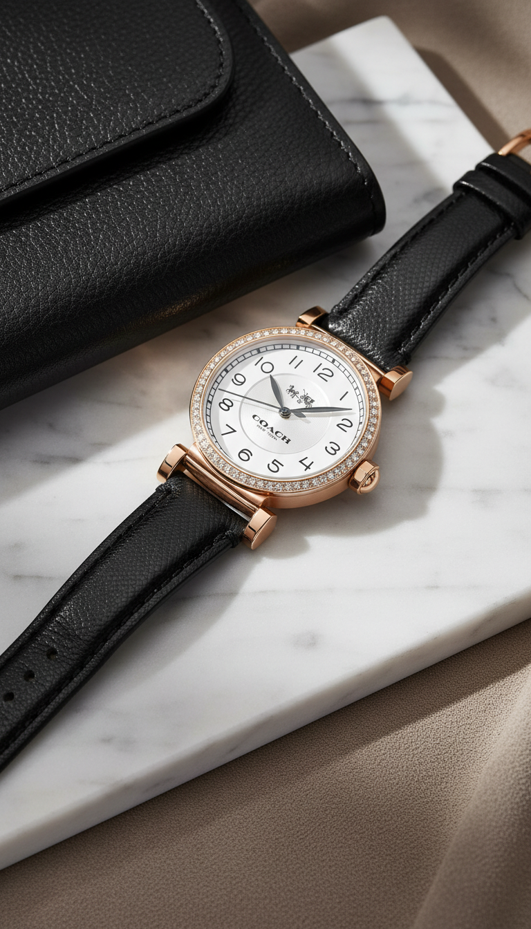 Reloj Coach Madison Mujer 32mm Rose Gold Cuero Negro Diamantes 14503396