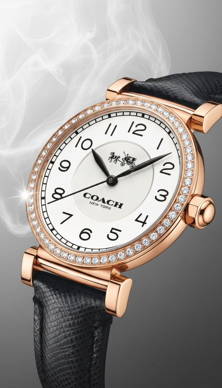 Reloj Coach Madison Mujer 32mm Rose Gold Cuero Negro Diamantes 14503396