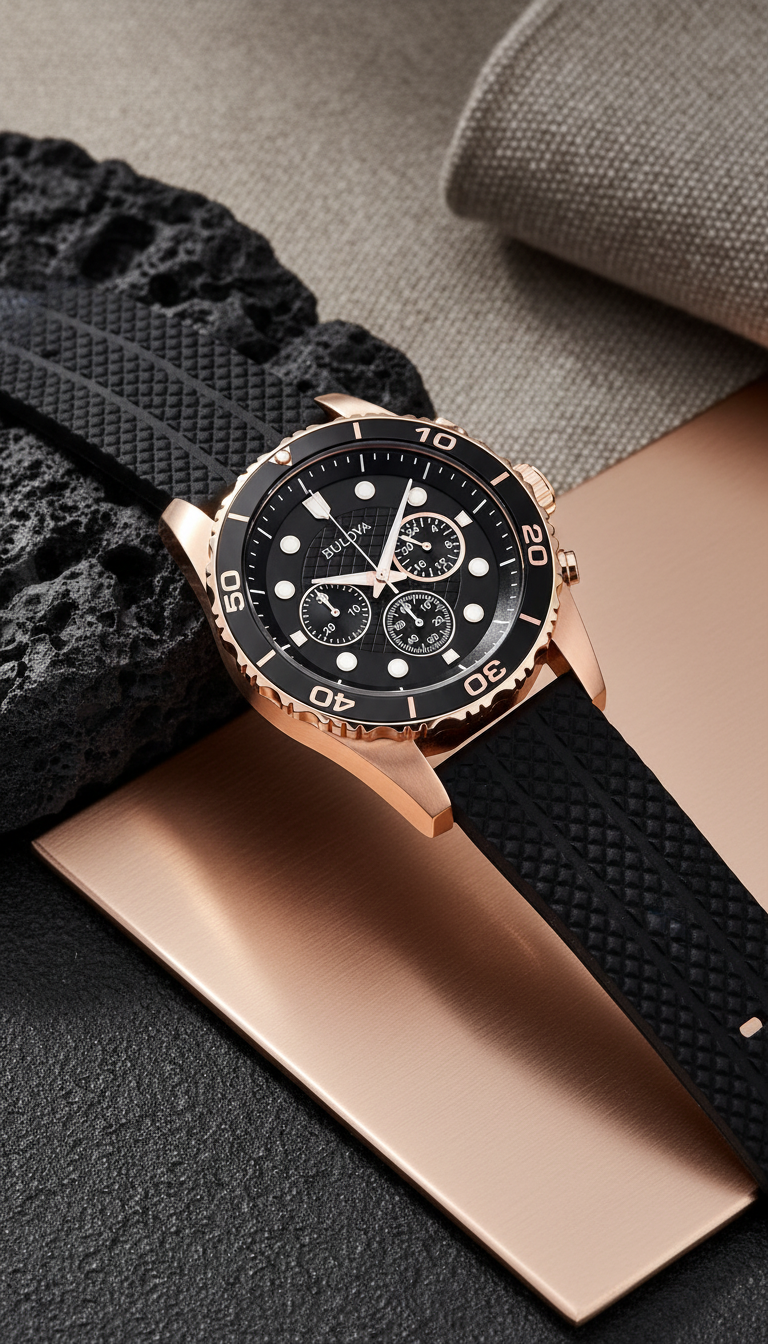 Reloj Bulova 98A192 Cronógrafo 44mm Rose Gold Negro Goma Hombre