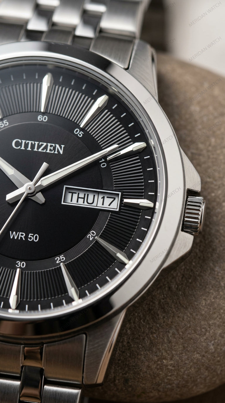 Reloj Citizen Día Fecha Esfera Negra Plateado | Hombre