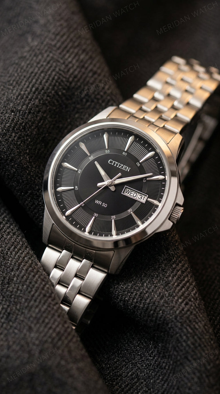 Reloj Citizen Día Fecha Esfera Negra Plateado | Hombre