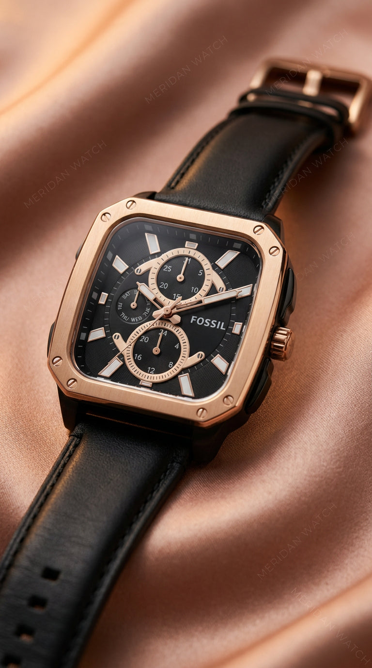 Reloj Fossil Multi-Function Oro Rosa Cuero Negro | Hombre