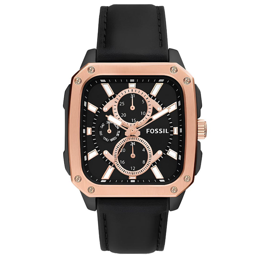 Reloj Fossil Multi-Function Oro Rosa Cuero Negro | Hombre