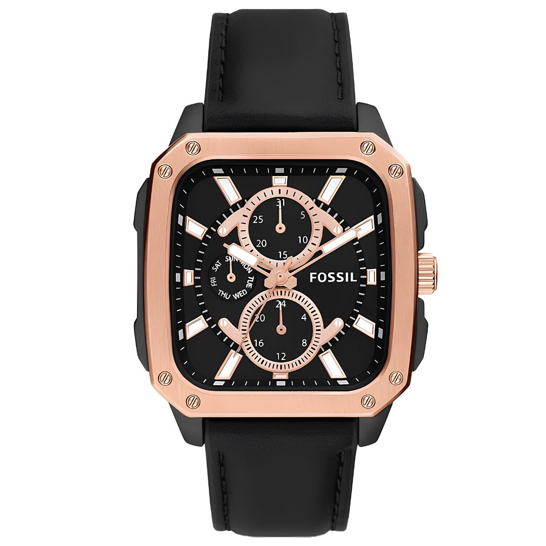 Reloj Fossil Multi-Function Oro Rosa Cuero Negro | Hombre