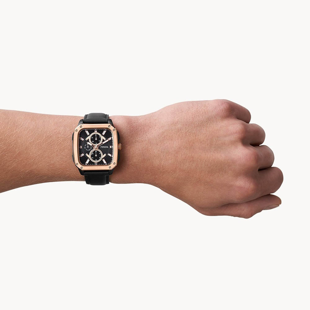 Reloj Fossil Multi-Function Oro Rosa Cuero Negro | Hombre