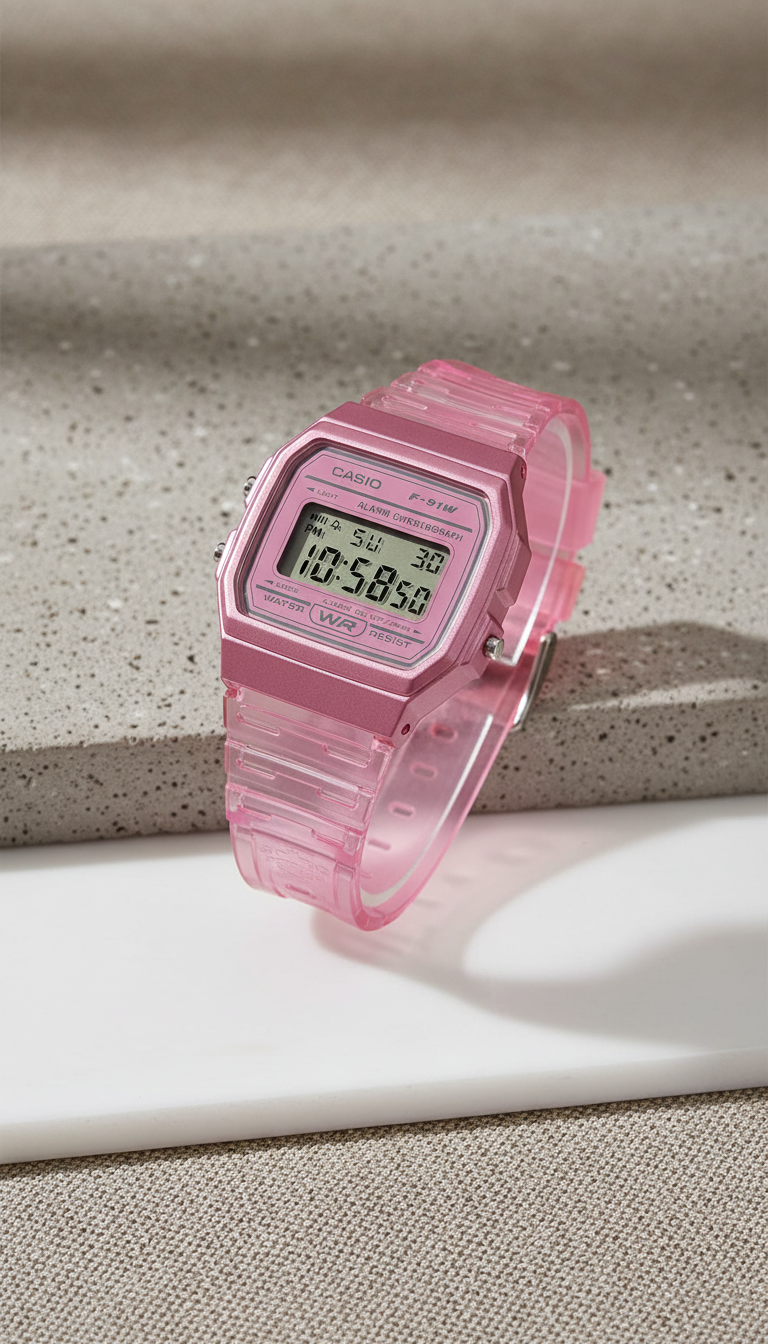Reloj Casio F91WS-4 Digital Rosa Translúcido Cronógrafo Alarma Mujer