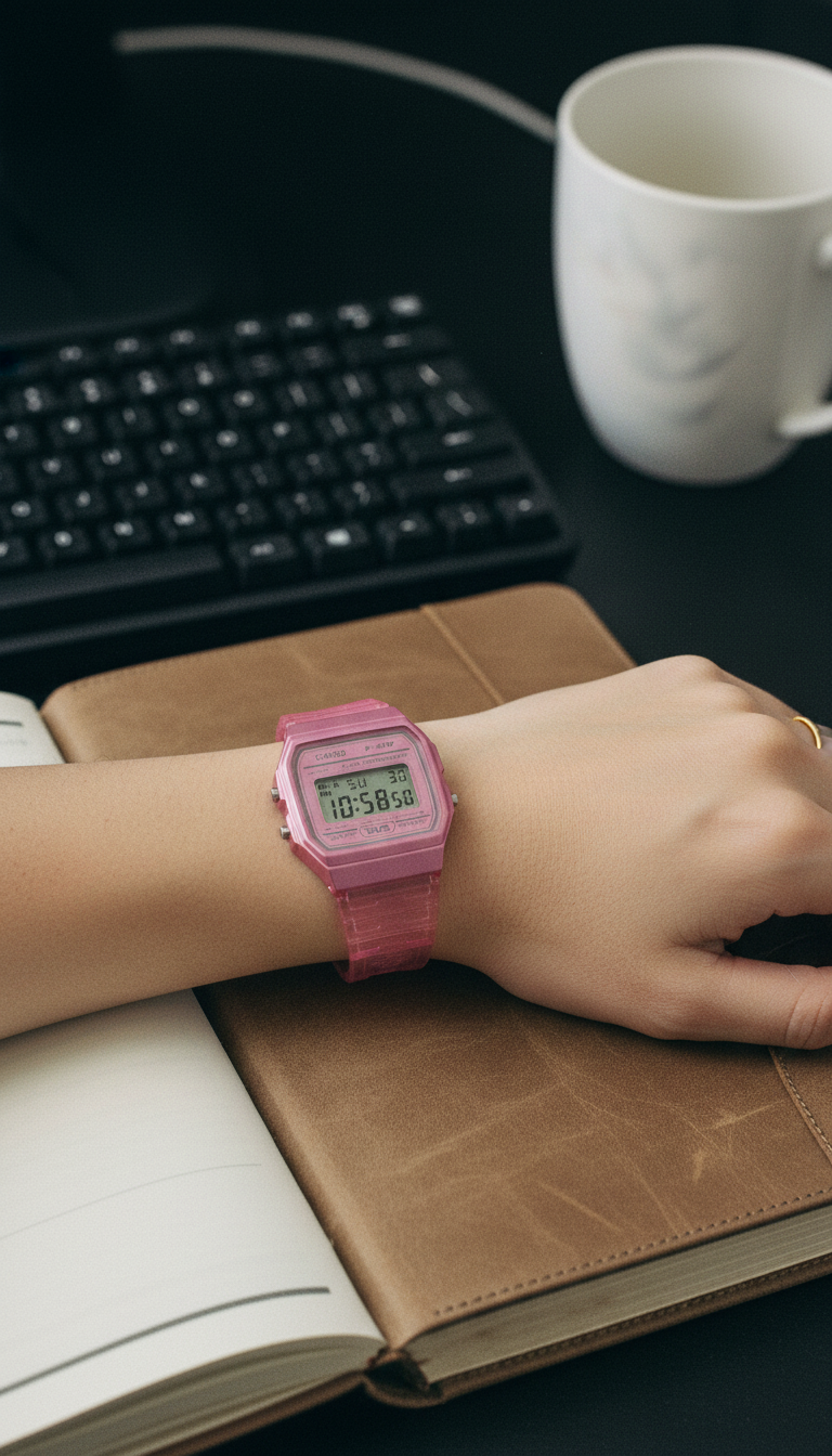 Reloj Casio F91WS-4 Digital Rosa Translúcido Cronógrafo Alarma Mujer