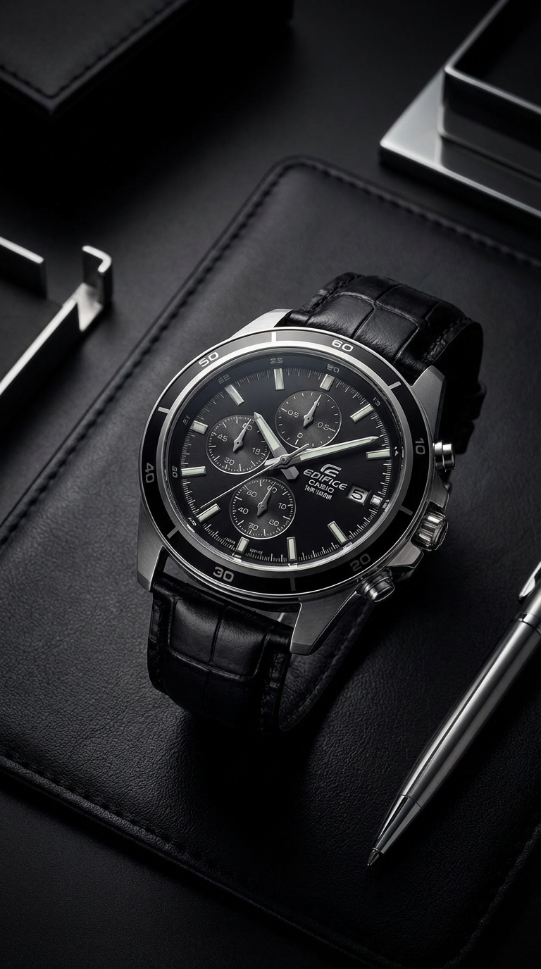 Reloj Casio Edifice Cronógrafo 44mm Hombre Acero Cuero Negro 100m