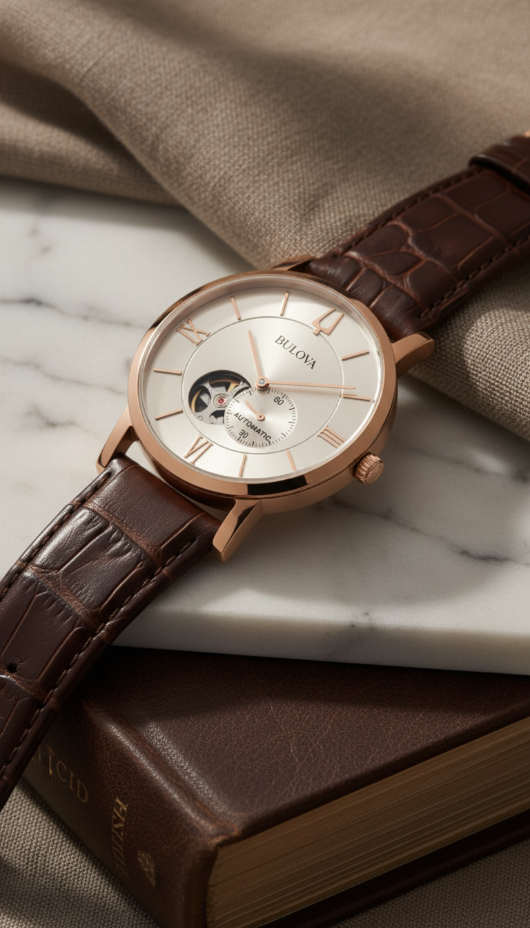 Reloj Bulova Automático 42mm Rose Gold Cuero Marrón Open Heart 97A150