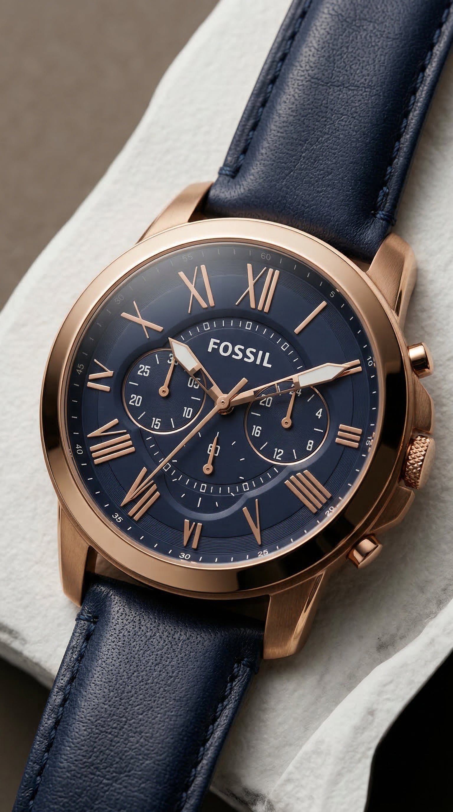 Fossil Grant FS4835 — Oro Rosa Azul Navy  Cronógrafo | Hombre