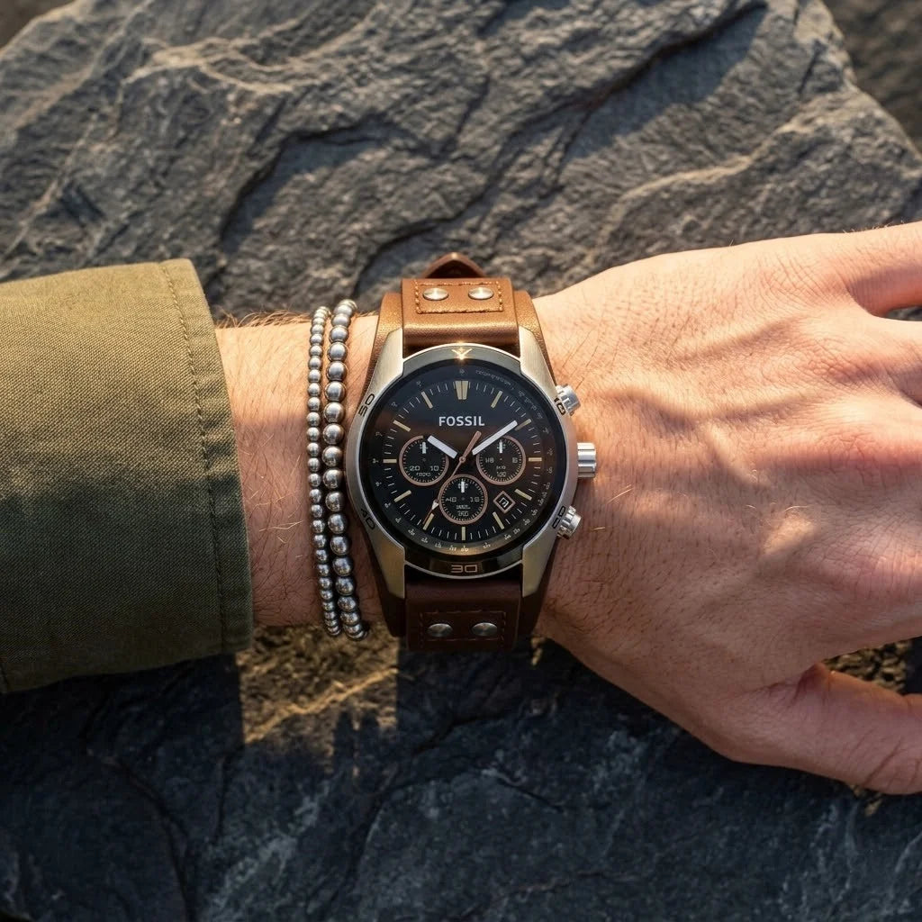 Reloj Fossil Coachman Negro Plata Cuero Cronógrafo | Hombre
