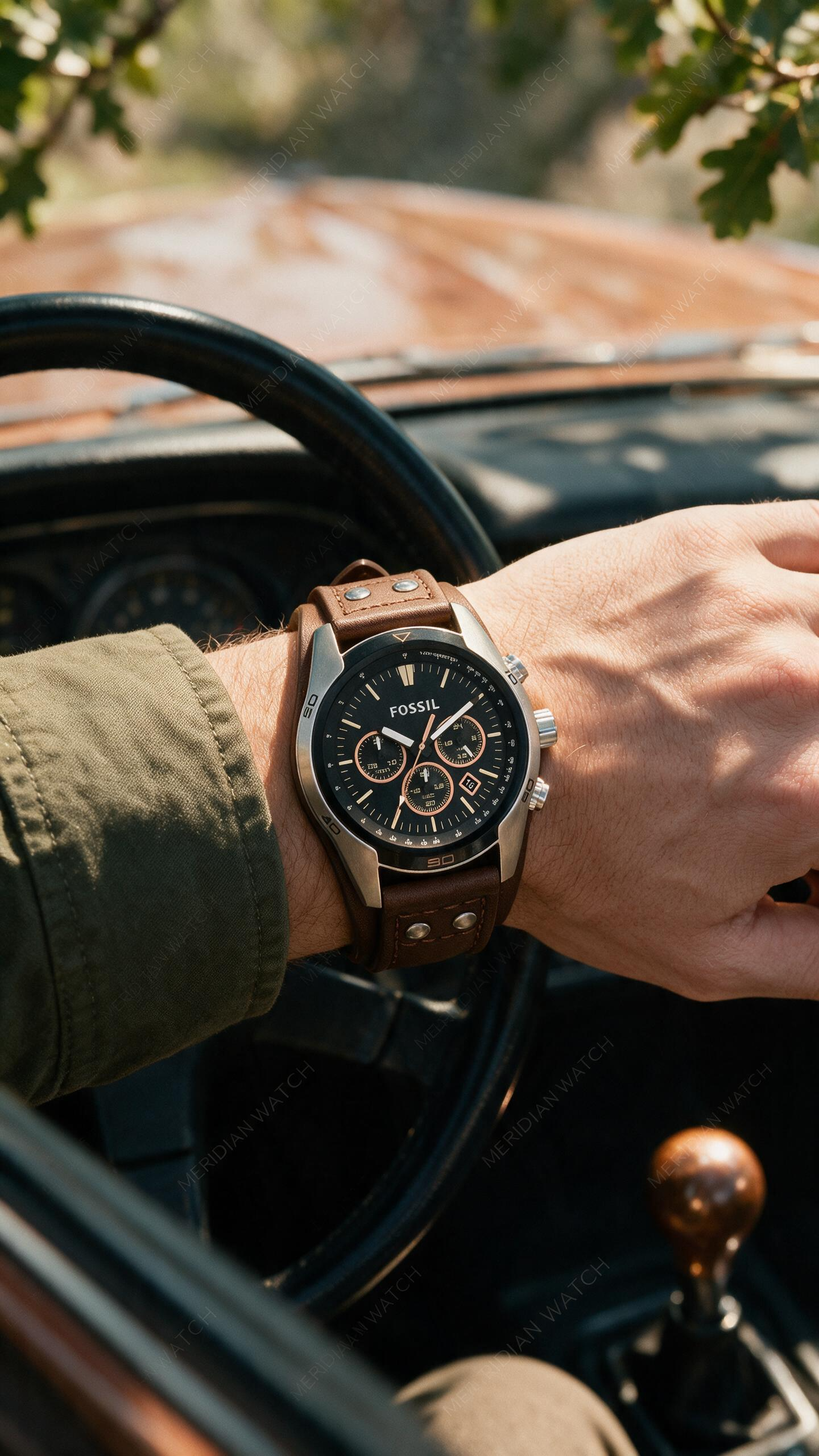 Reloj Fossil Coachman Negro Plata Cuero Cronógrafo | Hombre