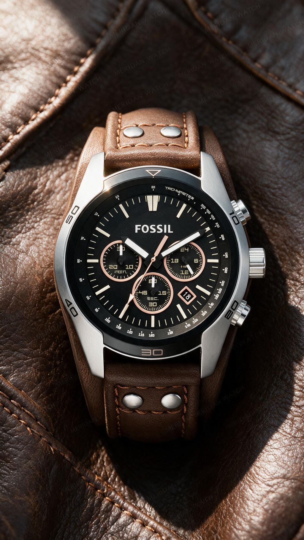 Reloj Fossil Coachman Negro Plata Cuero Cronógrafo | Hombre