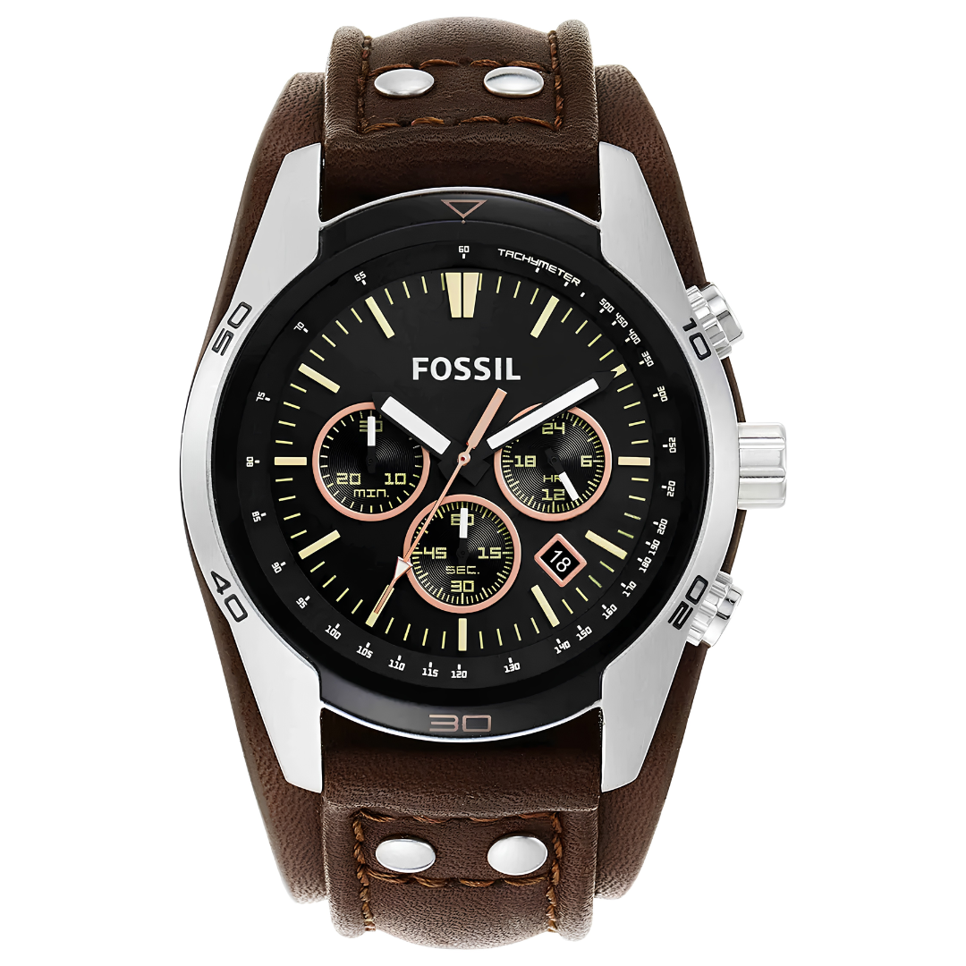Reloj Fossil Coachman Negro Plata Cuero Cronógrafo | Hombre
