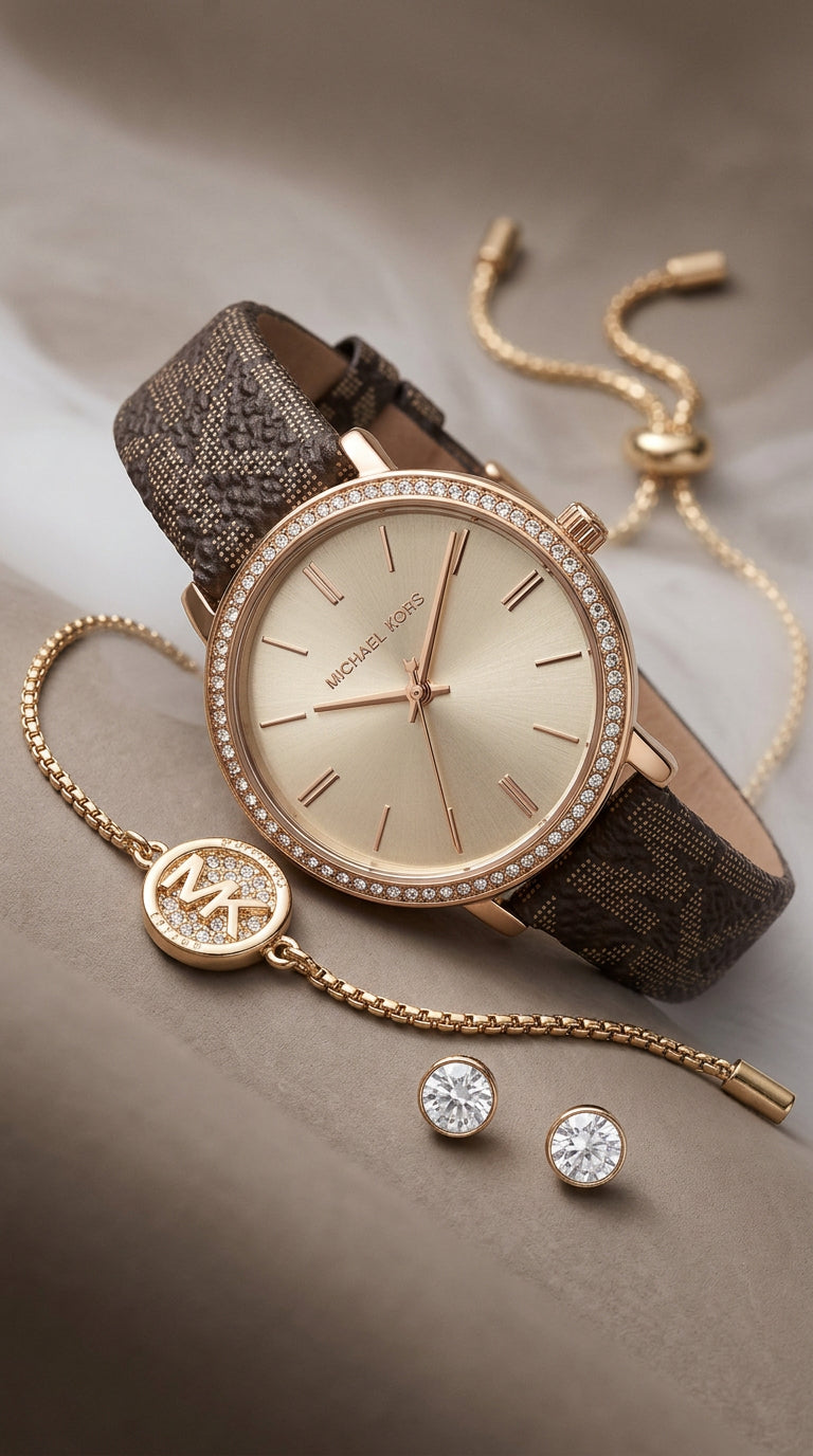 Reloj y set Michael Kors Addyson MKO9001SET — Dorado Cristal 32mm | Mujer