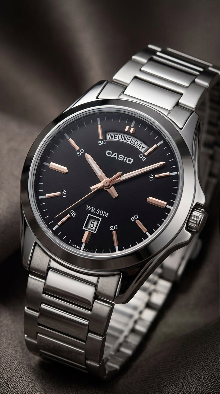 Casio MTP-1370D-1A2DF — Acero Negro Oro Rosa 45mm | Hombre