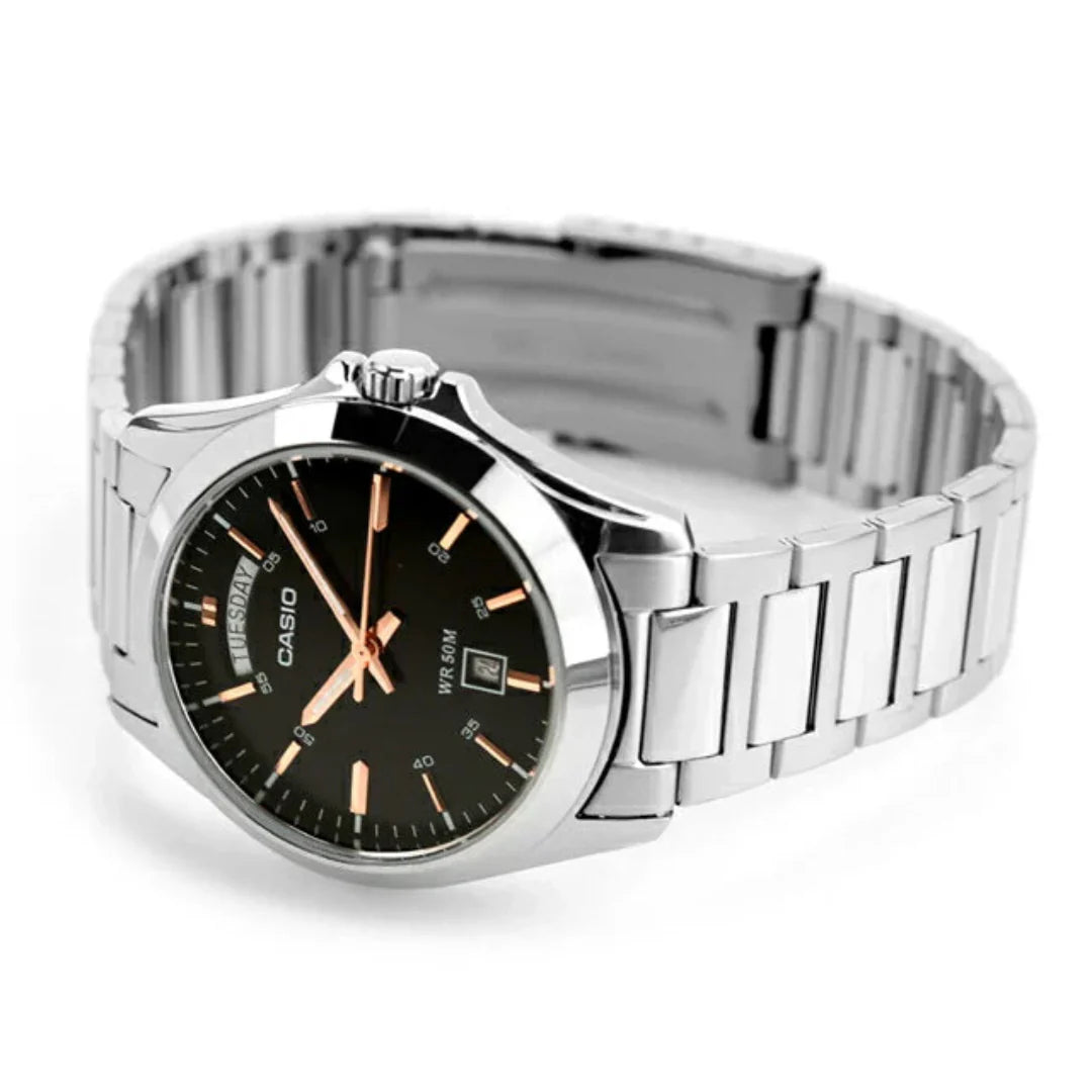 Casio MTP-1370D-1A2DF — Acero Negro Oro Rosa 45mm | Hombre