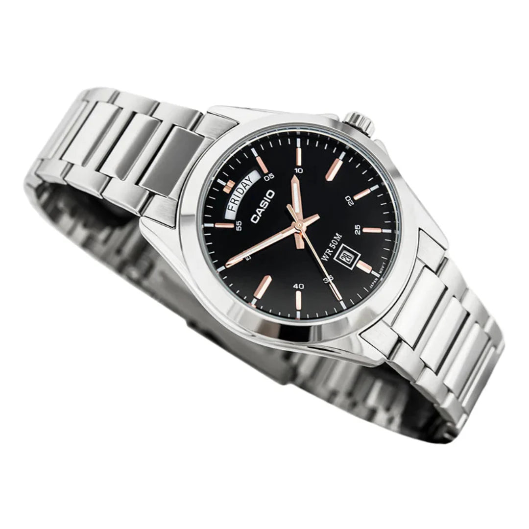 Casio MTP-1370D-1A2DF — Acero Negro Oro Rosa 45mm | Hombre