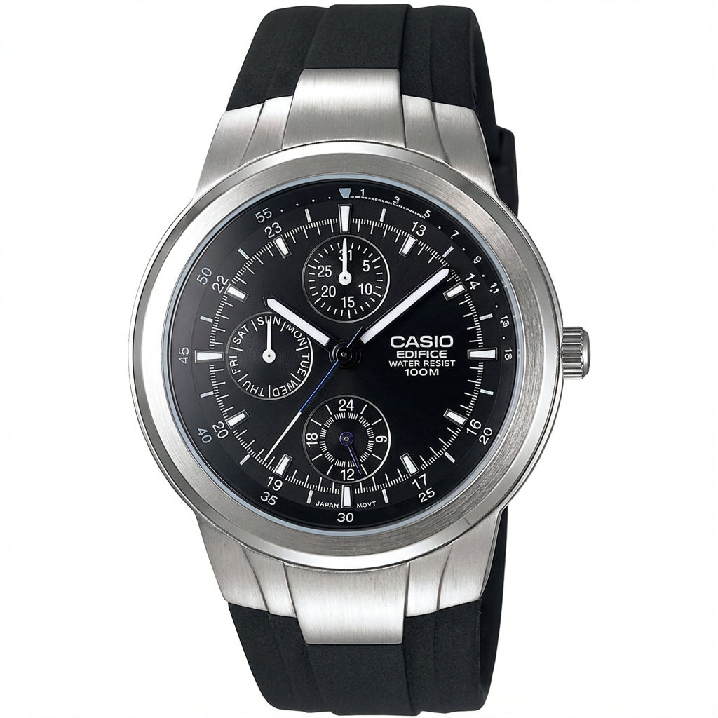 Reloj Casio Edifice Hombre 41mm Acero Plateado Correa Resina Negra 100m