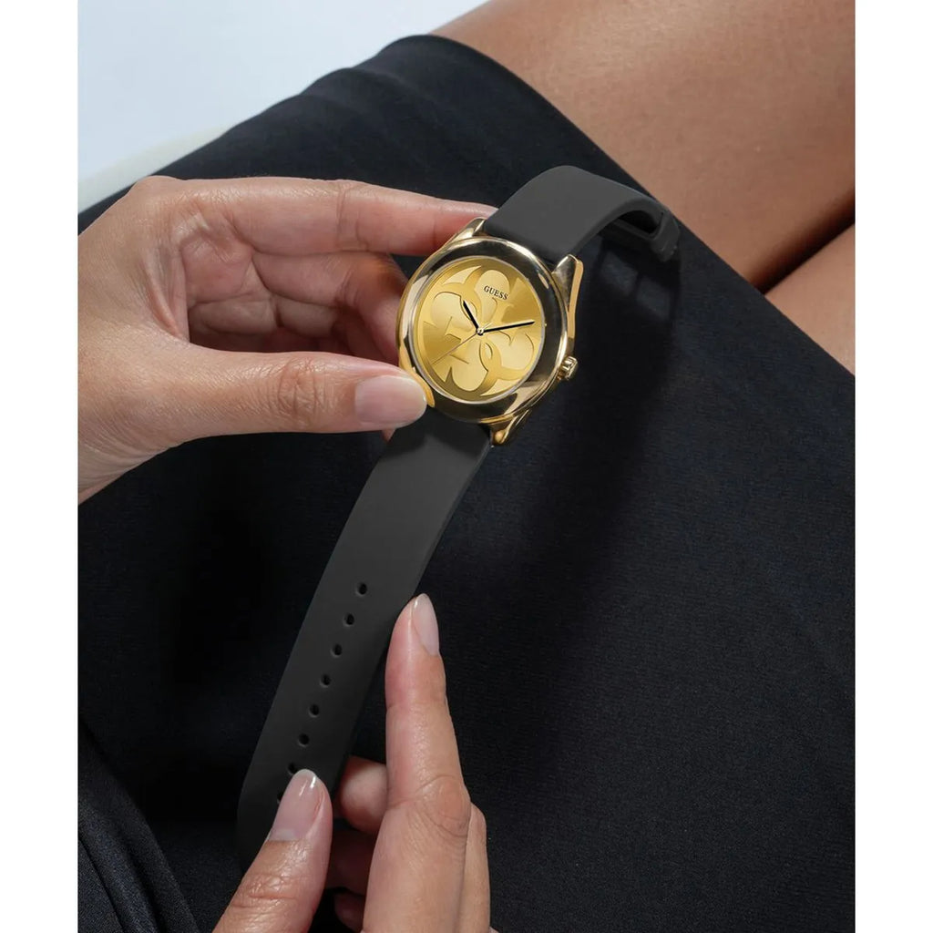 Reloj Guess Ladies G-Twist Oro Logo Cuero Negro | Mujer