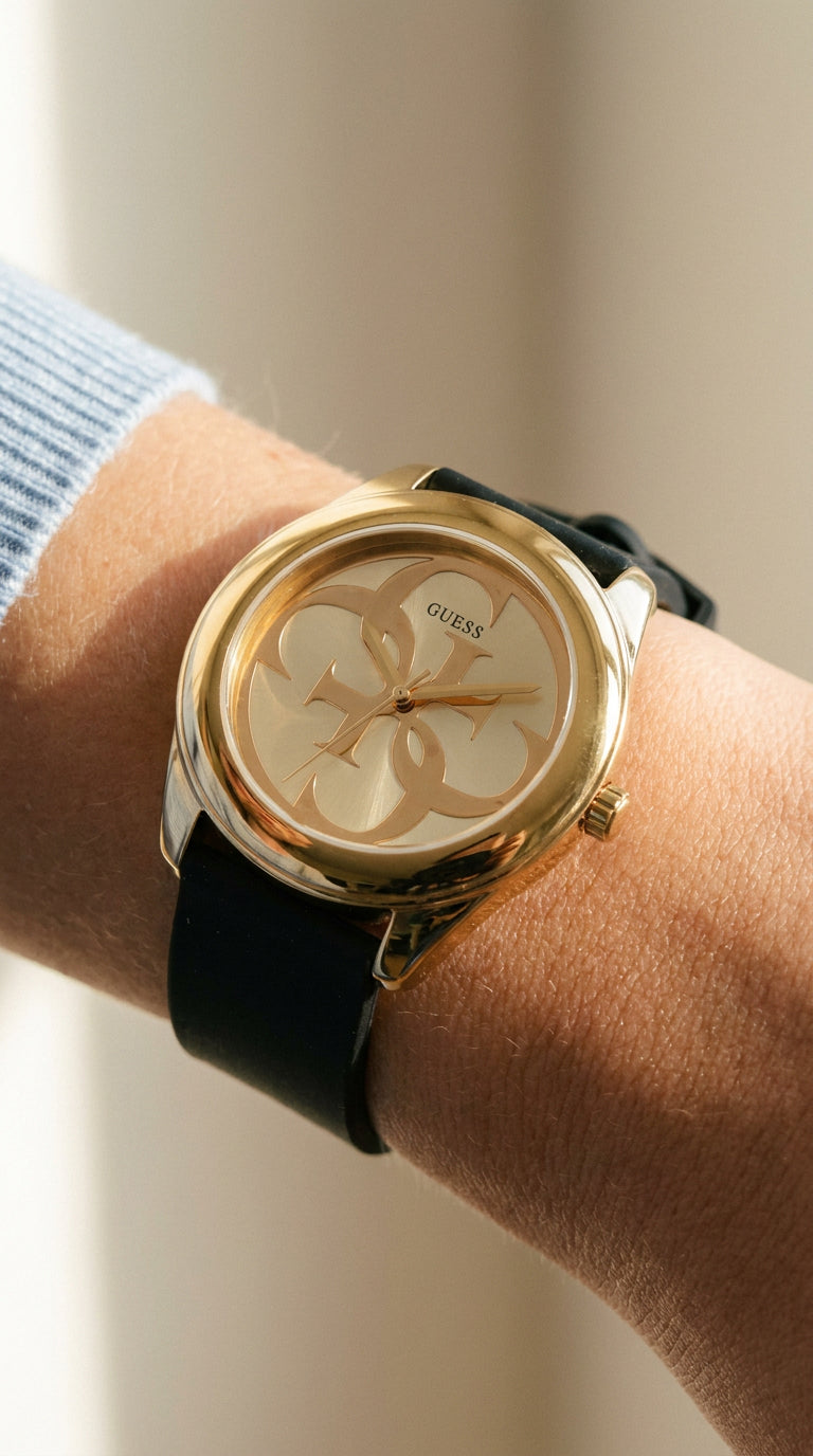 Reloj Guess Ladies G-Twist Oro Logo Cuero Negro | Mujer
