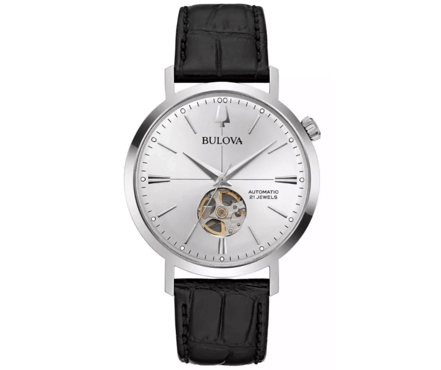 Reloj Bulova Aerojet 96A315 Automático Open Heart 42mm Hombre Acero Cuero Negro