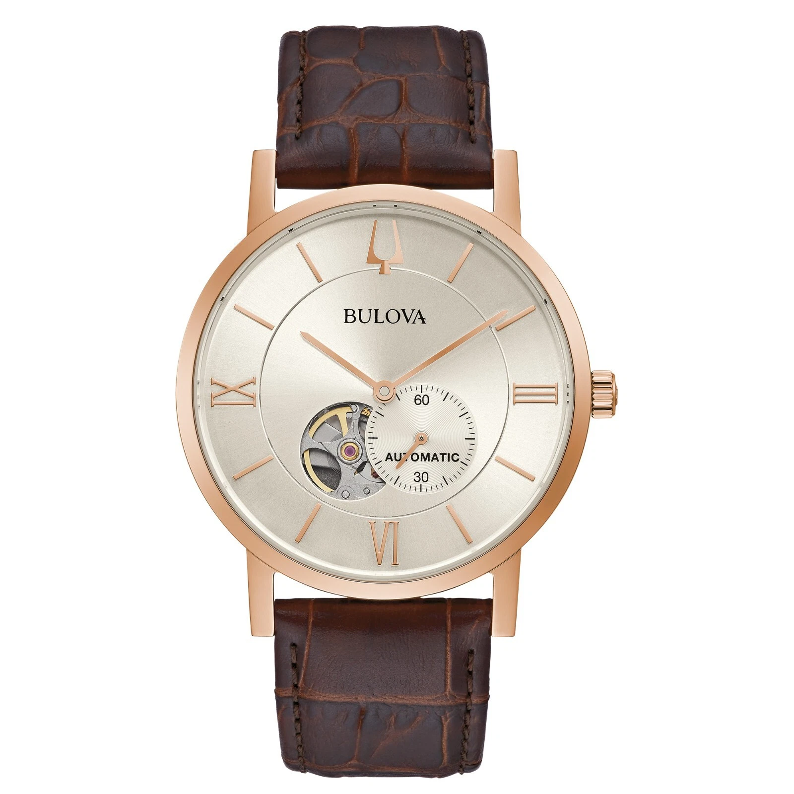 Reloj Bulova Automático 42mm Rose Gold Cuero Marrón Open Heart 97A150