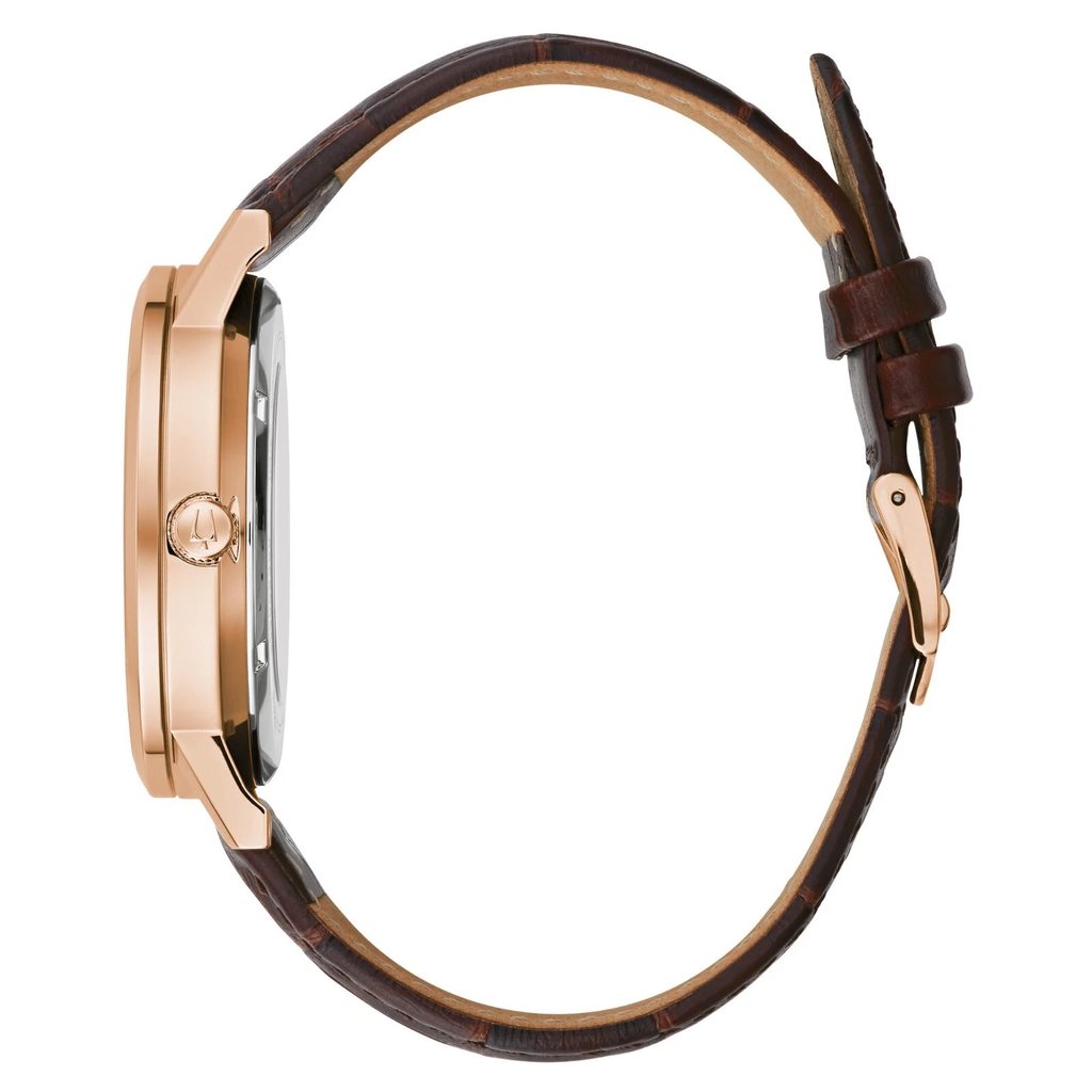 Reloj Bulova Automático 42mm Rose Gold Cuero Marrón Open Heart 97A150