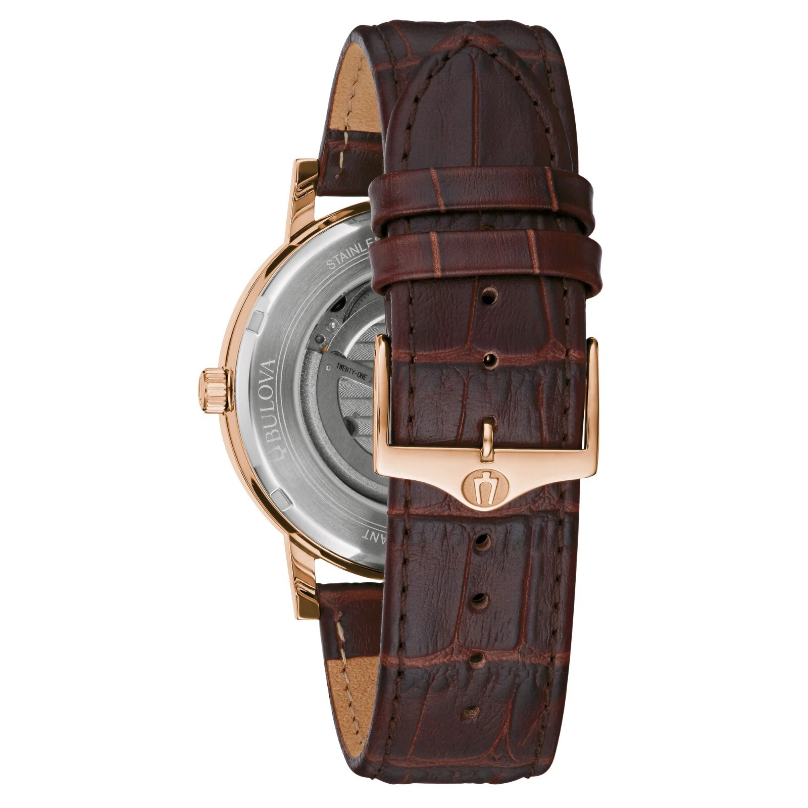 Reloj Bulova Automático 42mm Rose Gold Cuero Marrón Open Heart 97A150