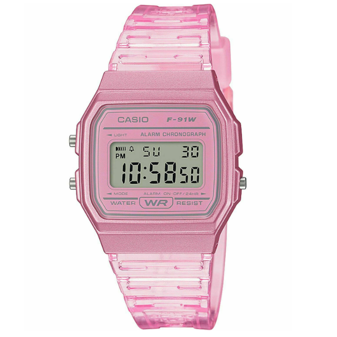 Reloj Casio F91WS-4 Digital Rosa Translúcido Cronógrafo Alarma Mujer